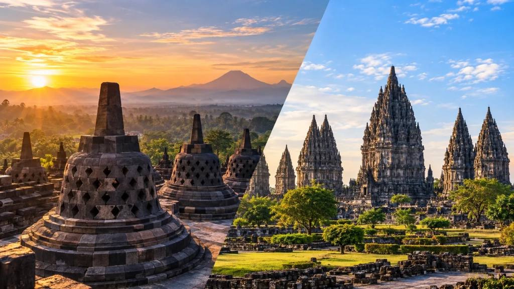 Panorama Borobudur dan Prambanan Saat Fajar